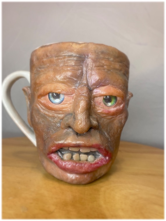 Uglymug creepy face | Polymer clay face sculpture on ceramic mug. one of a kind art for home decor, collectable Unique art.