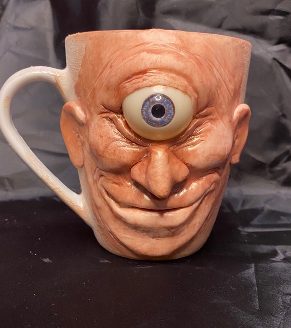 Ceramic mug sculpture one of a kind art for home decor, collectable Unique artwork made by hand happy Cyclops, Oddity