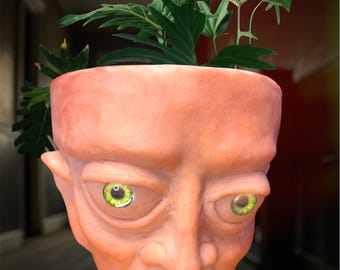 Handmade Terracotta Planter: Sculptural 'Lonely Boy' creepy in door garden companion