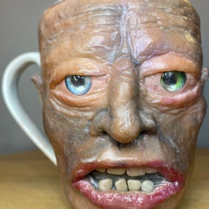 Uglymug creepy face Polymer clay face sculpture on ceramic mug. one of a kind art for home decor, collectable Unique art. image 5
