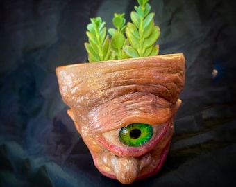 Handmade Smirking Joe Cyclops Planter: Terracotta Face Sculpture