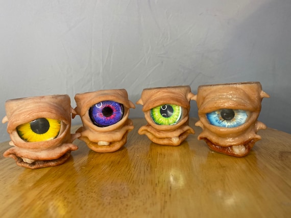 funny shot glases Set of 4 or 2 or 1  Happy little alien Shot glass sets | Hand-made oddity | horror gifts | polymer clay on glass 25mm eyes