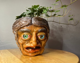 Terracotta Planter Artwork | Sculpted Crone Face on planter, Unique Garden Decor