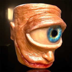 Uglymug Old blue eye style sculpture on Ceramic mug|one of a kind art|home decor|collectable Unique artwork