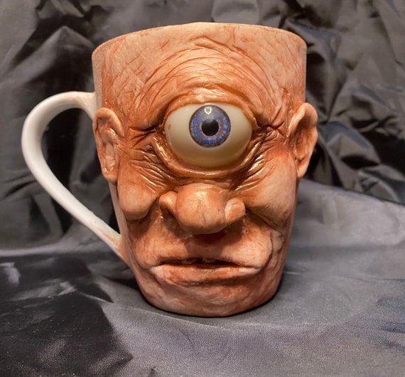 Ugly Ceramic mug with polymer sculpture | one of a kind art for home decor | collectable Unique artwork made by hand Cyclops Oddity