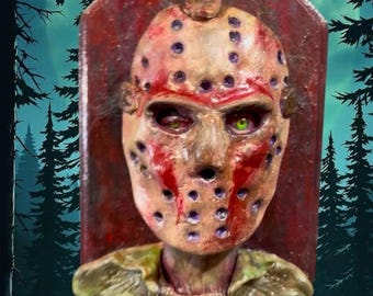 Jason Voorhees Sculpture: Friday the 13th Horror Wall Hanging now with magnetic mask
