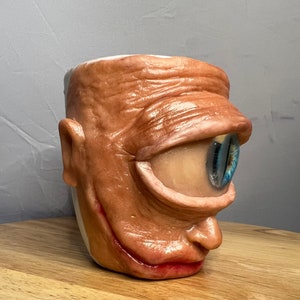 Uglymug Old blue eye style sculpture on Ceramic mug|one of a kind art|home decor|collectable Unique artwork