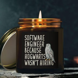 May include: A lit candle in a glass jar with a gold lid. The label reads "SOFTWARE ENGINEER BECAUSE HOGWARTS WASN'T HIRING" with a white owl illustration. The jar is open, revealing the candle inside.