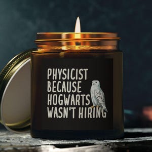 Puede incluir: Una vela encendida en un tarro de cristal marrón con tapa dorada. El tarro tiene el texto "PHYSICIST BECAUSE HOGWARTS WASN'T HIRING" y una ilustración de un búho blanco. La tapa está abierta.