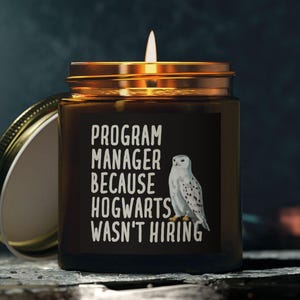 Puede incluir: Una vela encendida en un tarro de vidrio marrón con tapa dorada. La etiqueta dice "PROGRAM MANAGER BECAUSE HOGWARTS WASN'T HIRING" con una ilustración de búho blanco. La tapa está quitada, apoyada junto al tarro.