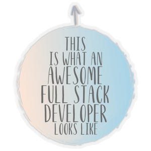 May include: A sticker with the text "THIS IS WHAT AN AWESOME FULL STACK DEVELOPER LOOKS LIKE" in a gray font. The sticker has a white border and a circular design with a gradient of light blue and peach.