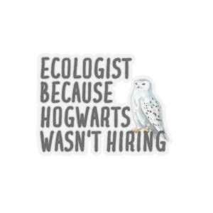Può includere: Un adesivo bianco con testo grigio che recita "Ecologista perché Hogwarts non stava assumendo". Un gufo delle nevi bianco è a destra del testo.
