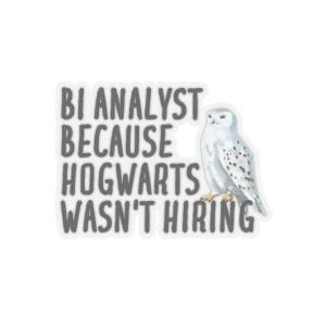 May include: A white sticker with a gray owl and the text "Bi Analyst because Hogwarts wasn't hiring."