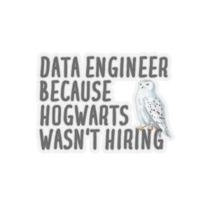 May include: A sticker with the text "DATA ENGINEER BECAUSE HOGWARTS WASN'T HIRING" in gray letters. A watercolor illustration of a white owl with black spots is on the right side of the text.