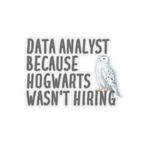 May include: A white sticker with a gray text overlay that reads "Data Analyst because Hogwarts wasn't hiring". A white owl with black spots is on the right side of the sticker.