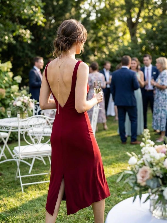 Open back dress with gold chain