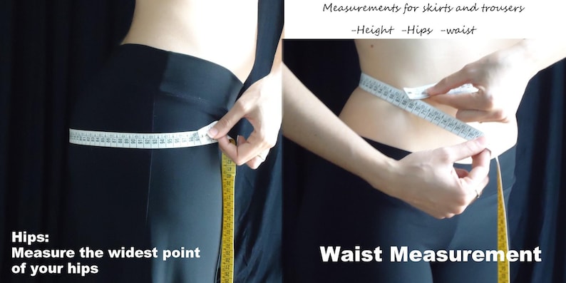 Op de afbeelding: Een persoon meet haar heupen en taille met een meetlint. De tekst op de afbeelding luidt "Heupen: Meet het breedste punt van je heupen" en "Metingen voor rokken en broeken -Lengte -Heupen -Taille" en "Taillemeting".