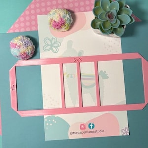 May include: Pink plastic template with three square cutouts labeled "3x3". The template is on a white background with a pink and white pattern and a llama illustration.