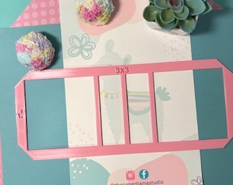 May include: Pink plastic template with three square cutouts labeled "3x3". The template is on a white background with a pink and white pattern and a llama illustration.