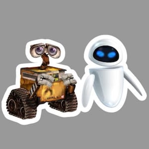 May include: Two stickers featuring characters from the animated film Wall-E. One sticker depicts Wall-E, a yellow and brown robot with large eyes and treads. The other is Eve, a white robot with a sleek design and blue eyes.