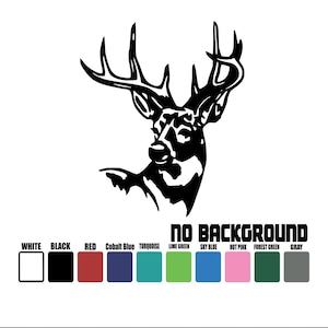May include: A black and white graphic of a deer head with large antlers. The text "NO BACKGROUND" is above a color palette of white, black, red, blue, turquoise, green, sky blue, pink, forest green, and gray.