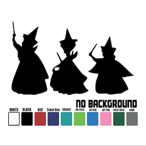 May include: Three black witch silhouettes with wands, wearing pointed hats and flowing robes. Below, a color palette with options including white, black, red, and various shades of blue, green, and pink. The text "NO BACKGROUND" is displayed.