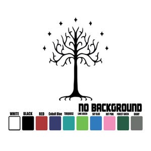 May include: A black silhouette of a stylized tree with a starburst design at the top. The words "NO BACKGROUND" are printed in black. Below are color swatches labeled: White, Black, Red, Cobalt Blue, Turquoise, Lime Green, Sky Blue, Hot Pink, Forest Green, and Gray.