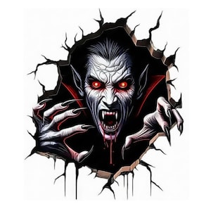 May include: A graphic illustration of a vampire with pale skin, glowing red eyes, and sharp fangs, emerging from a jagged, cracked hole in a wall. The vampire has long, pointed ears and claw-like hands reaching forward with blood dripping from its mouth.