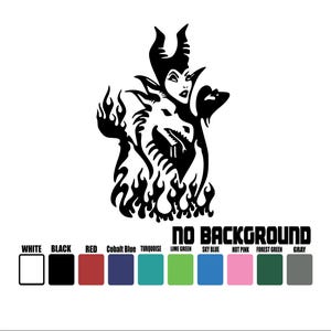May include: A black graphic of a character with horns and a dragon-like creature, surrounded by flames. The text "NO BACKGROUND" is displayed, along with color options: white, black, red, cobalt blue, turquoise, lime green, sky blue, hot pink, forest green, and gray.