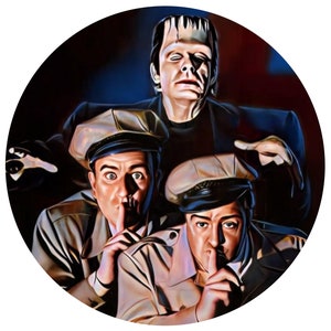 May include: A vintage illustration of three men, two in brown uniforms with hats and one in a black suit. The man in the suit has green skin and a serious expression. The two men in uniforms are holding their fingers to their lips, as if to tell the viewer to be quiet.