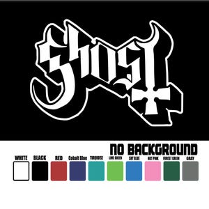 May include: A black background with the white word "Ghost" in a gothic font. Below the text are color swatches for white, black, red, cobalt blue, turquoise, lime green, sky blue, hot pink, forest green, and gray.