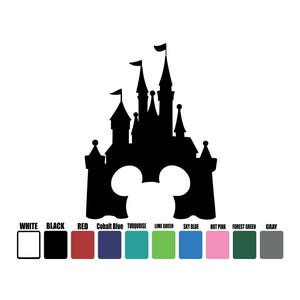 May include: Black silhouette of a castle with Mickey Mouse ears, set against a white background. Below the castle are color swatches labeled "WHITE", "BLACK", "RED", "Cobalt Blue", "TURQUOISE", "LIME GREEN", "SKY BLUE", "HOT PINK", "FOREST GREEN", and "GRAY".