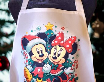 Delantal de cocina para adultos con diseño de Mickey Mouse y Minnie Mouse, de Disney, con diseño de árbol de Navidad.