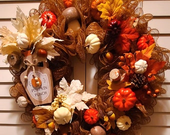Corona de otoño, corona de calabaza, corona de calabaza de otoño, corona de ponche de calabaza, decoraciones de otoño
