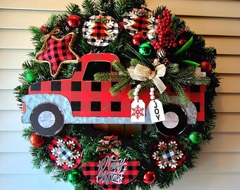 Red Truck Christmas Wreath, Red Pickup Truck Christmas Decor, Red Truck Wreath, Xmas Red Pickup Tree Wreath