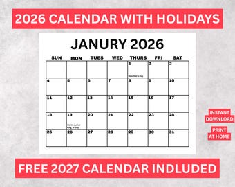Calendário 2026, Planejador Mensal 2026, Paisagem, Minimalista, Início no Domingo, Calendário de Parede 2026 com Feriados, PDF para Imprimir