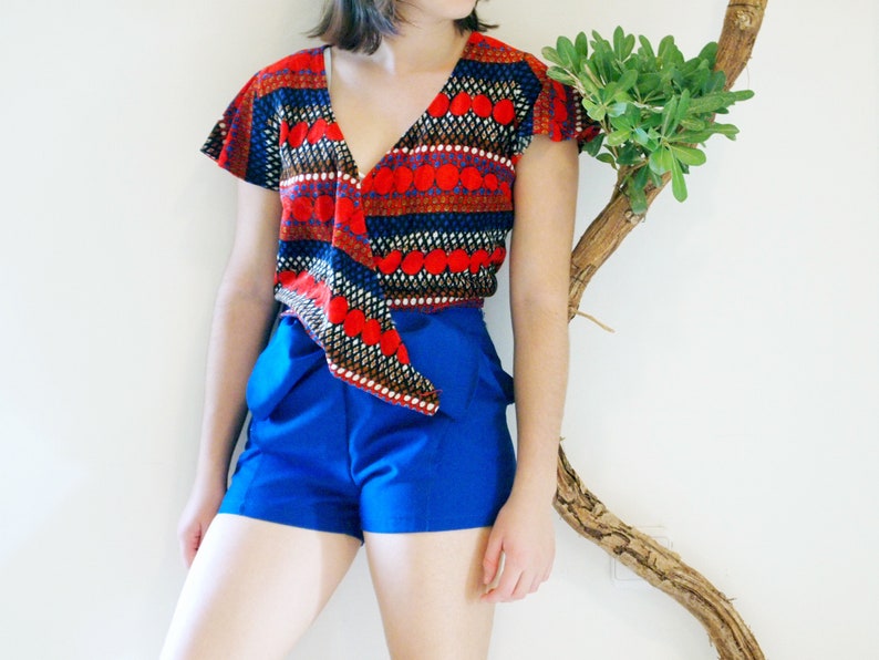 like towel velvet cloth. Unique vintage red blue tie top