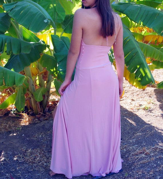 Pinkish long collard deep V open back gown dress.