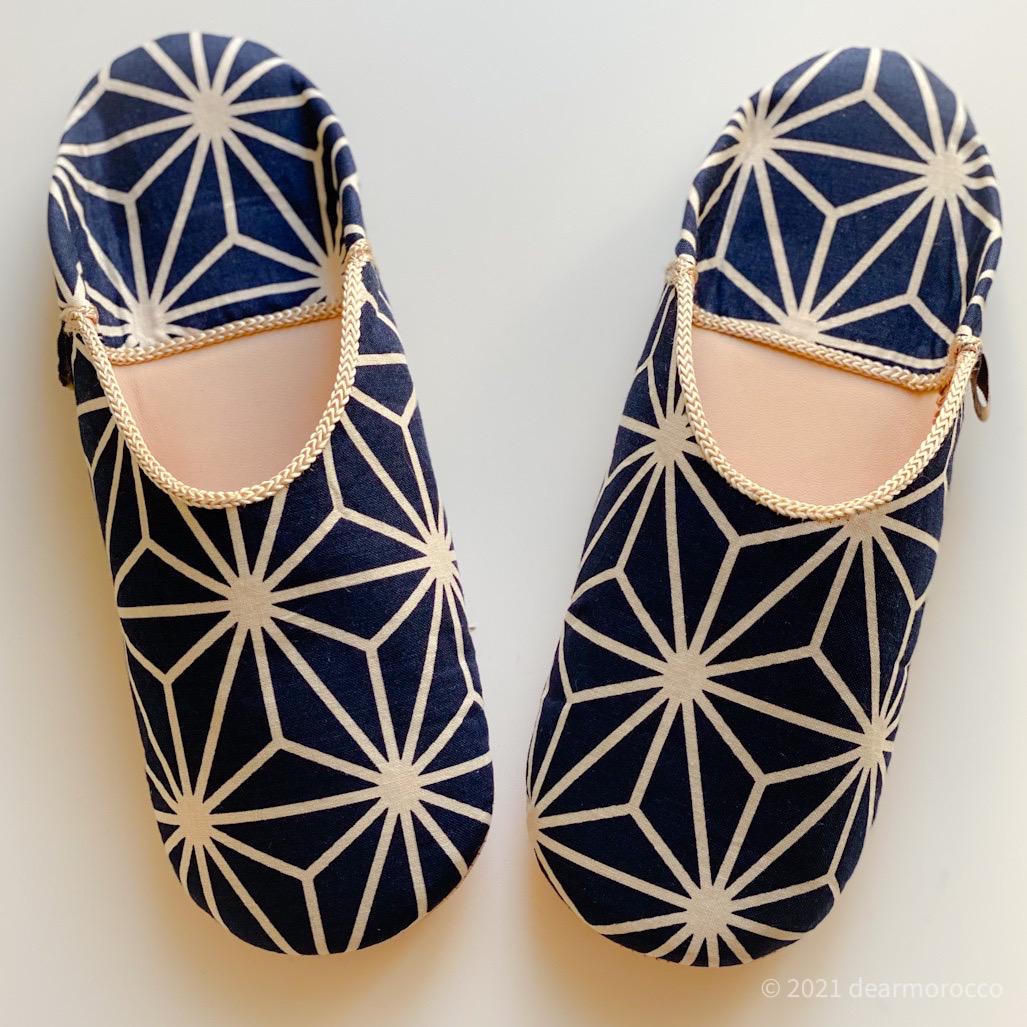 Kimono Babouche - Asanoha Blue- Relaxing indoor shoes Handmade leather…