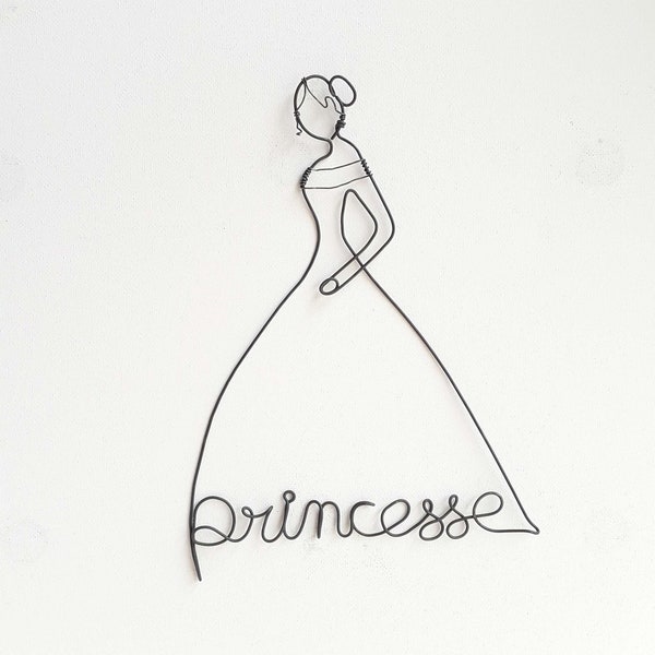 Princesse en fil de fer recuit avec prénom personnalisable,decoration murale pour chambre fille