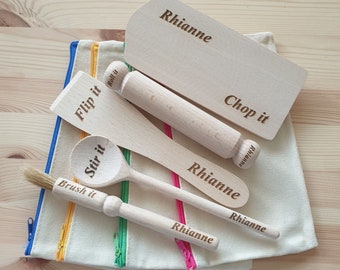 Personalized Kids Wooden Baking Set with Case, Mini Utensils