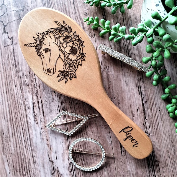 Personalised Hair Brush. Unicorn. Laser engraved. Birthdays. Bridesmaids gift. Flower girl gift. Bedroom accessory.