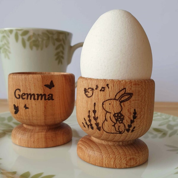 Personalised egg cup. Wooden egg cup. Easter gift. Laser engraved. Birthday present. Bunny. Child Gift. Adult Gift.