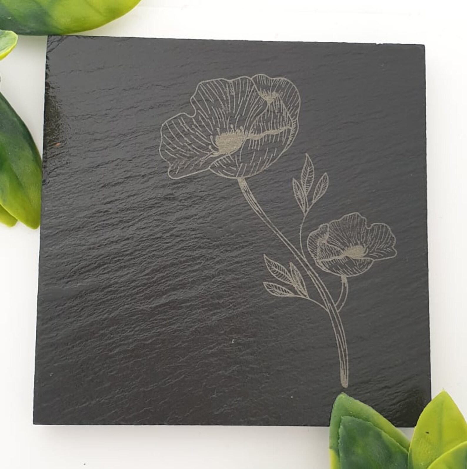 Slate coaster Engraved flower. Sleek finish. Home décor. Etsy