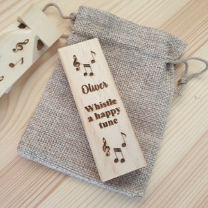 Personalised wooden whistle in hessian bag. Children's whistle. Stocking filler. Christmas Gift. Birthdays. Laser engraved. Musical toy.