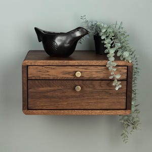 Floating Nightstand with Two Drawers in Solid Oak – Modern Metal Handle Nightstand