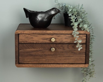 Mesita de noche flotante a medida con dos cajones en roble macizo – Mesita de noche moderna con tiradores metálicos