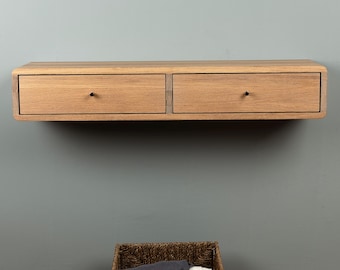 Zwevende consoletafel met twee laden in massief eiken - wandgemonteerd entreebureau