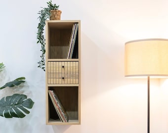 Floating Vinyl Record Storage Shelves with two Drawers in Solid Oak