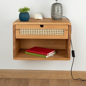 Floating Nightstand with Rattan Drawer in Solid Oak, Modern Bedside Table, Solid Oak Nightstand, Mid Century, Handmade,Wall Mounted